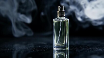 A clear glass perfume bottle with a silver sprayer sits on a dark surface, with out-of-focus smoky background
