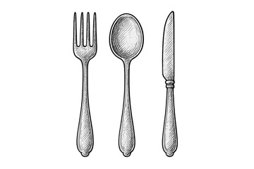 Vintage cutlery set sketch. Hand drawn fork, spoon, and knife illustration. Restaurant dinner utensil icons for menu design. Retro food and eating concept vector graphic.