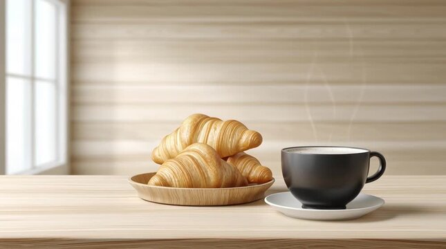 A Morning Delight: Freshly baked croissants and a steaming cup of coffee create a delightful breakfast scene, radiating warmth and comfort, ready to kickstart the day.