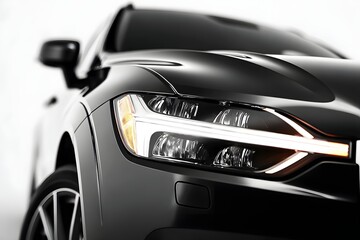 Obraz premium Headlight gleams sharply on a glossy black car showcasing precise, modern automotive design.