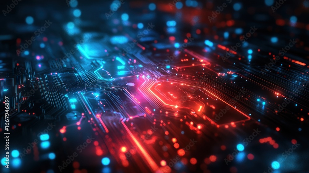 Aufkleber intricate circuit board design with glowing red and blue lines, creating a futuristic and vibrant te