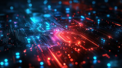 Fototapeta premium Intricate circuit board design with glowing red and blue lines, creating a futuristic and vibrant technological image.