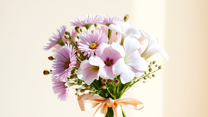 Obraz premium Delicate bouquet of pink and white flowers with a ribbon