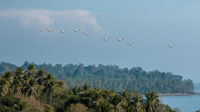fleet of autonomous drones meticulously surveying remote uninhabited island gathering data on indigenous flora