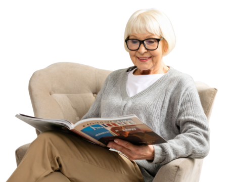 Senior Woman Holding Magazine with Glasses on Nose, Relaxed Armchair Pose, isolated transparent background png