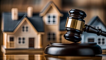 judicial gavel with miniature houses in legal setting 