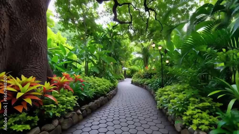Poster a lush garden path lined with vibrant plants and a large tree, creating a serene and inviting atmosp