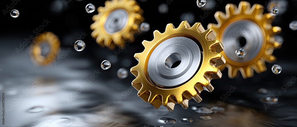 Poster metallic gears + industrial + lubrication concept. floating gears create a dynamic mechanical compos
