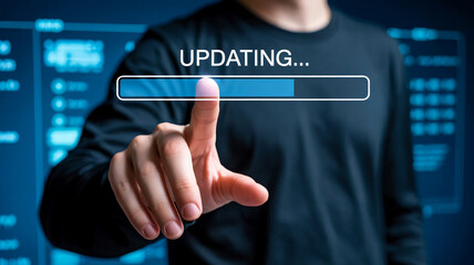 Digital interface with user touching updating progress bar software system UI on blurred background