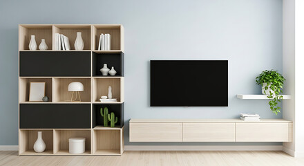 Minimalist TV Cabinet with Display Shelf – Vintage Living Room Interior on Light Wood Flooring & Gray Wall