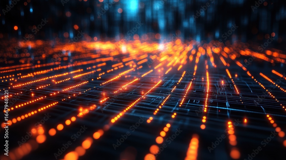 Aufkleber a digital network of glowing orange lines weaves through a dark, complex system, showcasing intercon