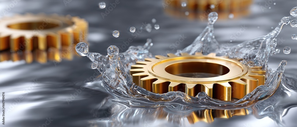 Poster metallic gears + industrial + lubrication concept. golden gears splashing in water create a dynamic 