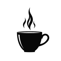Black silhouette icon of a steaming hot coffee cup.