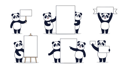 Cute cartoon pandas holding blank signs and banners for messages and presentations