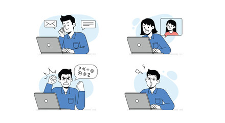 Illustrations of people experiencing various emotions while working remotely on laptops showing different communication scenarios