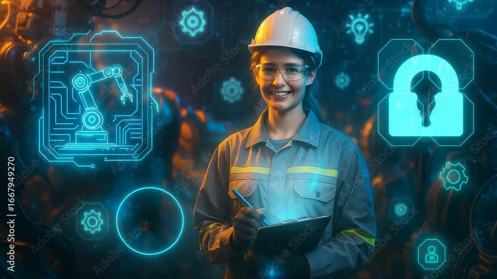 Poster female engineer with digital control system, smiling while working with advanced technology, robotic