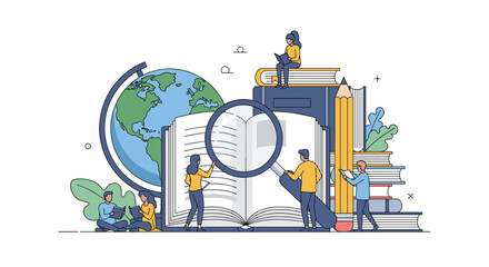 Students engaging in research and learning around a giant open book and globe for educational exploration