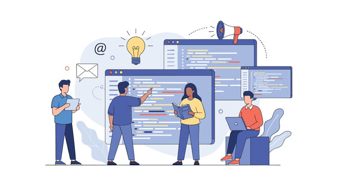 Illustrating the collaborative process of software development and creative problem solving among a diverse team of professionals