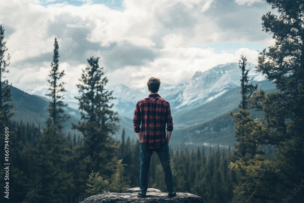 Poster man gazes at mountains from rocky overlook in a vast forest setting under cloudy sky