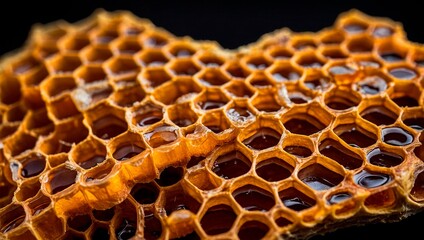Close-up of a honeycomb hexagonal cells structure. Macro view of an orange beeswax bee comb pattern.