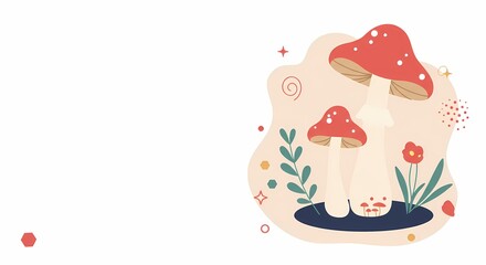 Colorful mushrooms and plants in whimsical illustration style  