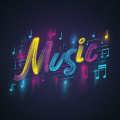 Neon "Music" graphic with musical notes