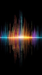 Abstract sound waves, city skyline effect, vibrant colors