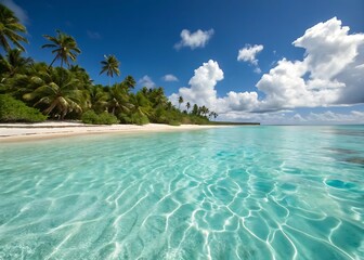 Fototapeta premium The photograph showcases a breathtaking natural landscape, emphasizing the shimmering light on the water and the vibrant green foliage, creating a truly idyllic and inviting visual