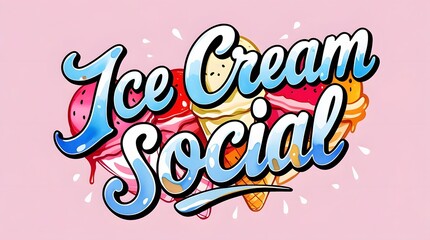 Vibrant Ice Cream Social Typography with Colorful Cones and Pink Background