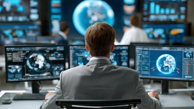 Mastering the Digital Domain: A skilled specialist, eyes focused on a network of screens displaying intricate data visualization. a scene of expertise and innovation. 