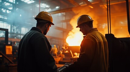 Obraz premium Workers overseeing metal casting process industrial factory action shot high-temperature environment side view manufacturing technique