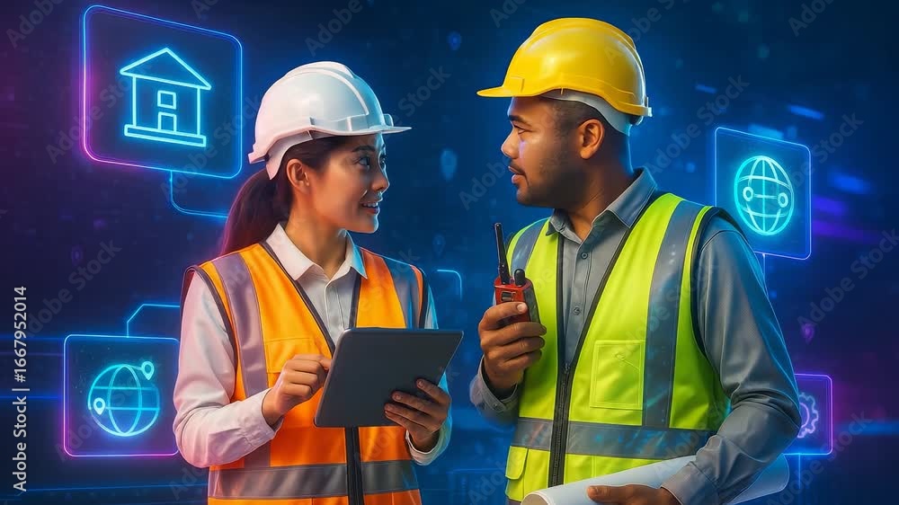 Poster two construction workers discussing project details on site with digital technology elements like bu