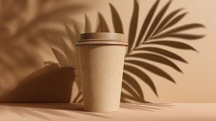 Light beige coffee cup, shadows, palm leaf