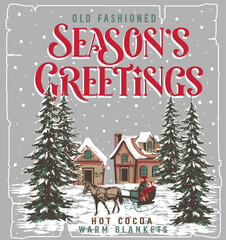 New Christmas Season's Greeting old house with horse-drawn sleigh or carriage design 2026