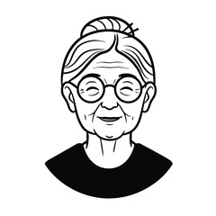 Happy Elderly Woman with Glasses Line Art Portrait.