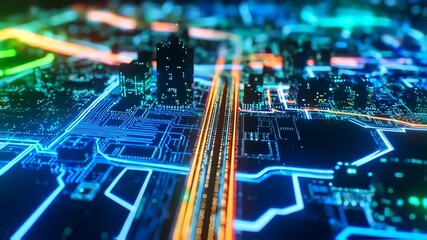 Futuristic cityscape depicted as a glowing circuit board - Powered by Adobe