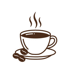 Hot coffee cup with steam and beans icon.