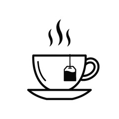 Hot tea cup with saucer and teabag line icon.