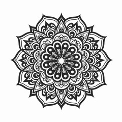 Intricate black and white circular floral mandala ornament.