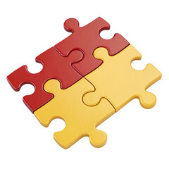 Fototapeta premium Four interlocking puzzle pieces in red and yellow isolated on transparent background