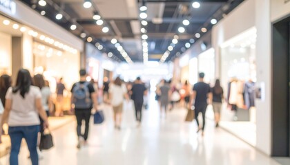 Blurred shoppers in a modern shopping mall corridor.