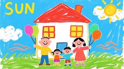 Naklejka premium A colorful children's drawing of a happy family of four standing in front of a red-roofed house, holding balloons under a sunny sky with clouds and the word 