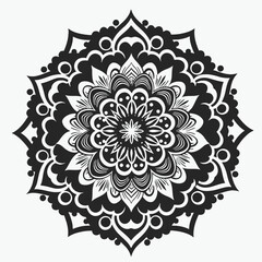 Intricate black and white floral mandala illustration.