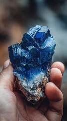 Deep blue crystal cluster held in a hand