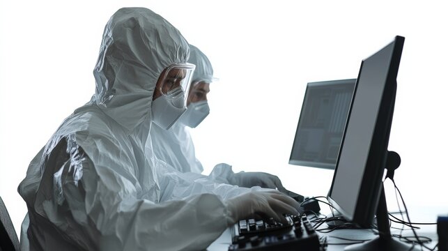 Covid-19 research team analyzing data in lab science facility digital interaction isolated environment close-up perspective