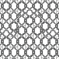 Minimilist ornate black and white trellis pattern with decorative flourishes in a seamless repeating design vector