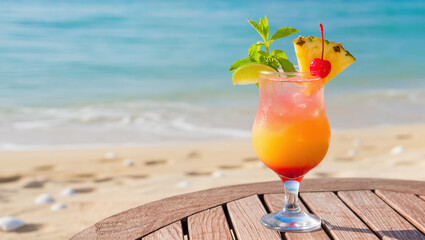 Colorful tropical cocktail with pineapple, cherry, mint, and lime on a wooden table by the sea. Exotic beachside refreshment.