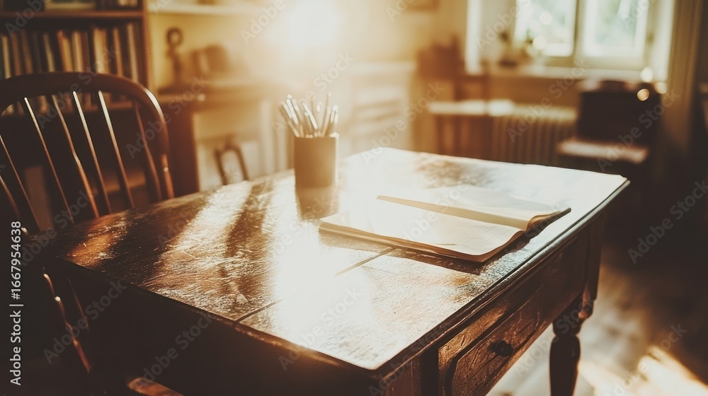 Poster Warm sunlight streams across a weathered wooden table, illuminating a simple notepad and writing utensils, creating a tranquil and nostalgic atmosphere.