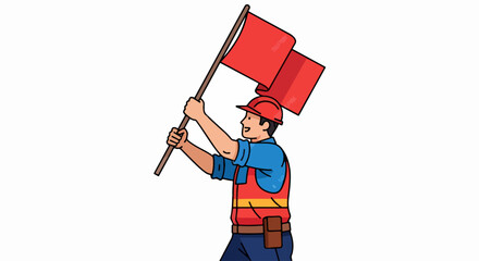 Man holding red flags signaling in a construction or industrial setting.