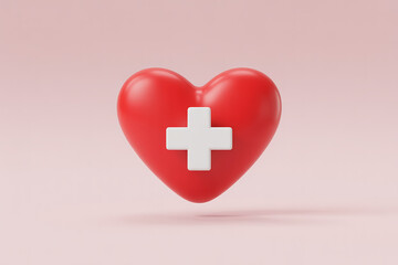 Fototapeta premium Red heart with white medical cross symbol on pink background